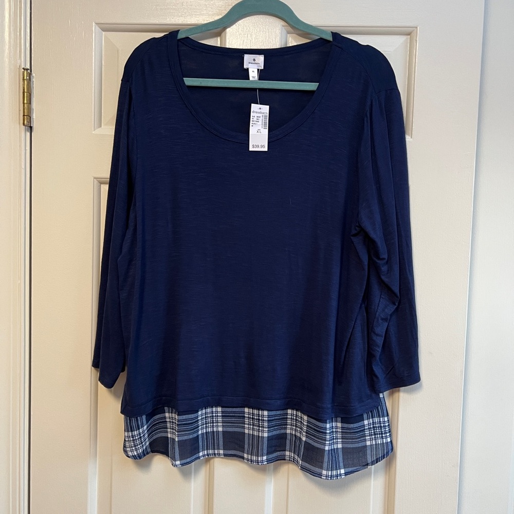 Dress Barn Navy 3/4 Sleeve Top with Plaid Accent Size XL NWT